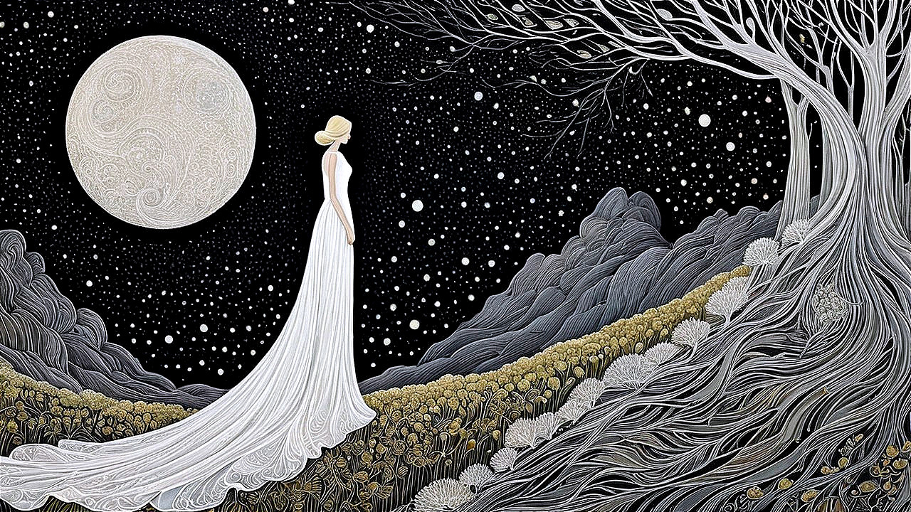 Serene Landscape with Moonlit Sky and Elegant Figure