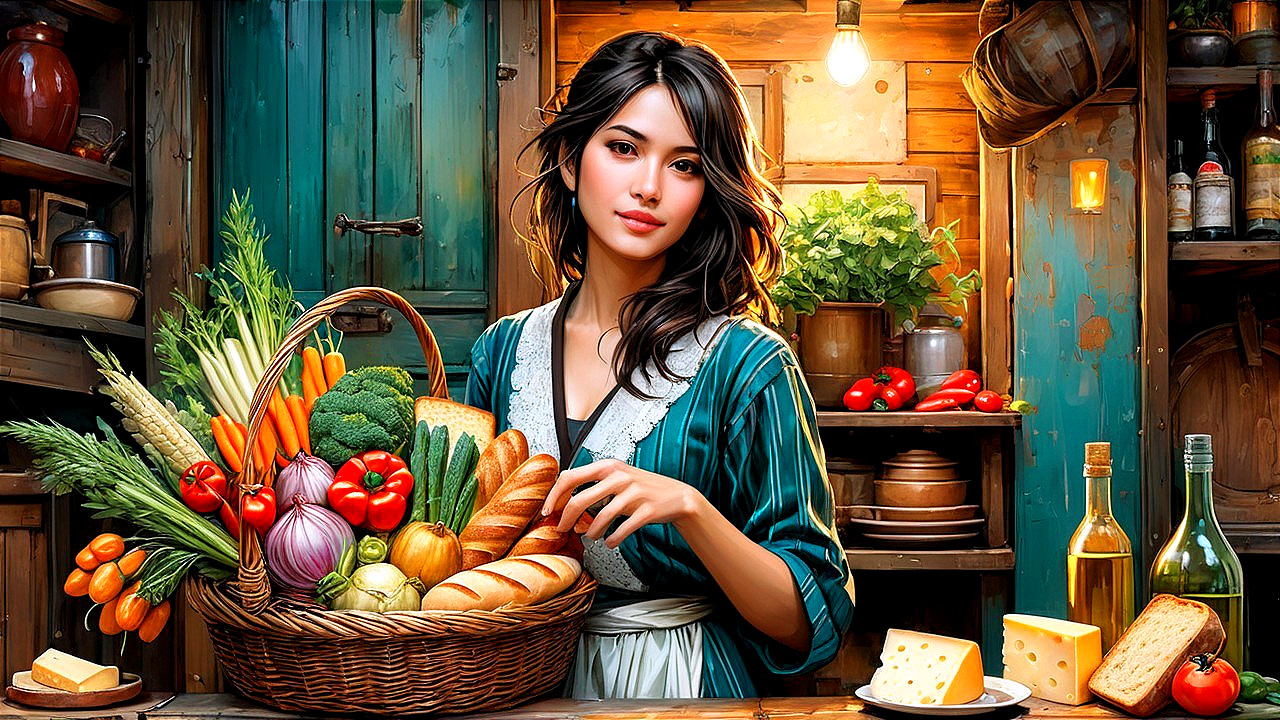 Woman in Rustic Kitchen with Fresh Vegetables and Bread