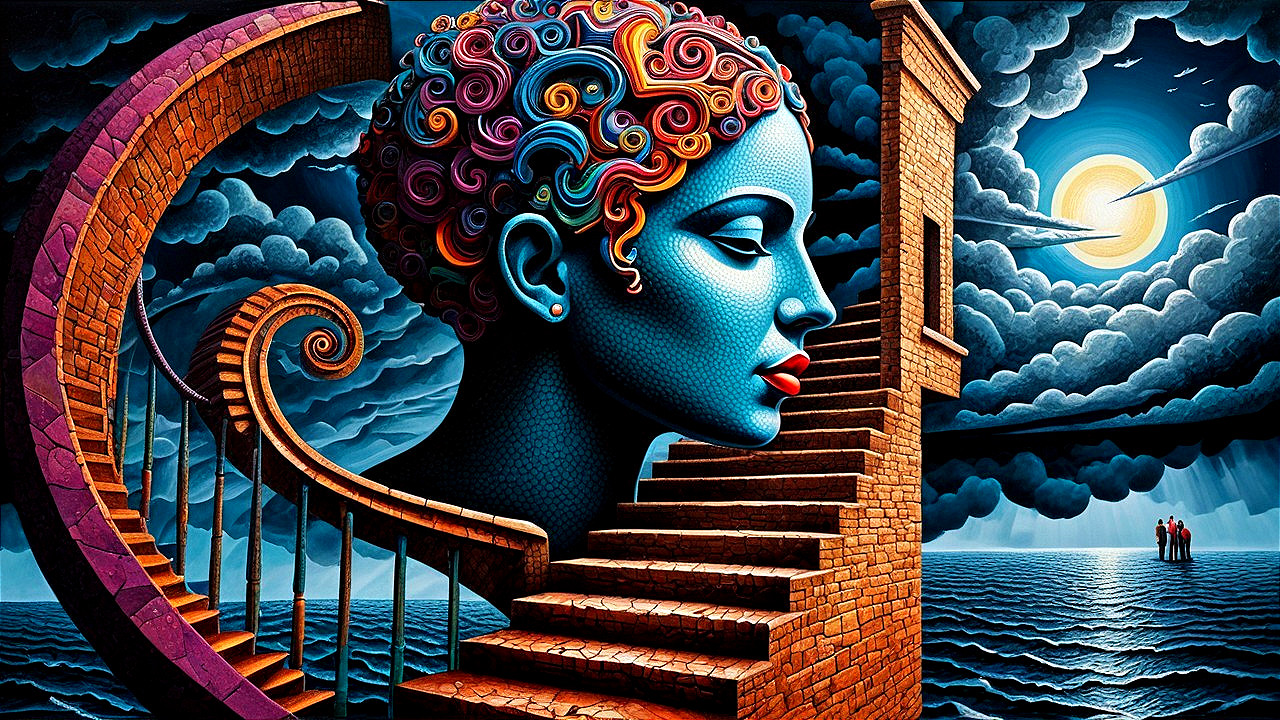 Vibrant Blue-Faced Woman Against Surreal Backdrop