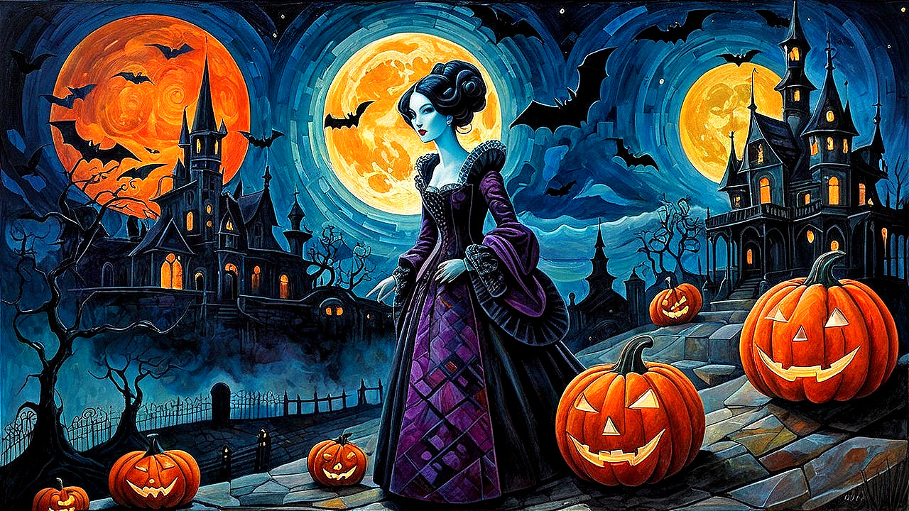 Mysterious Figure in Purple Gown on Halloween Night