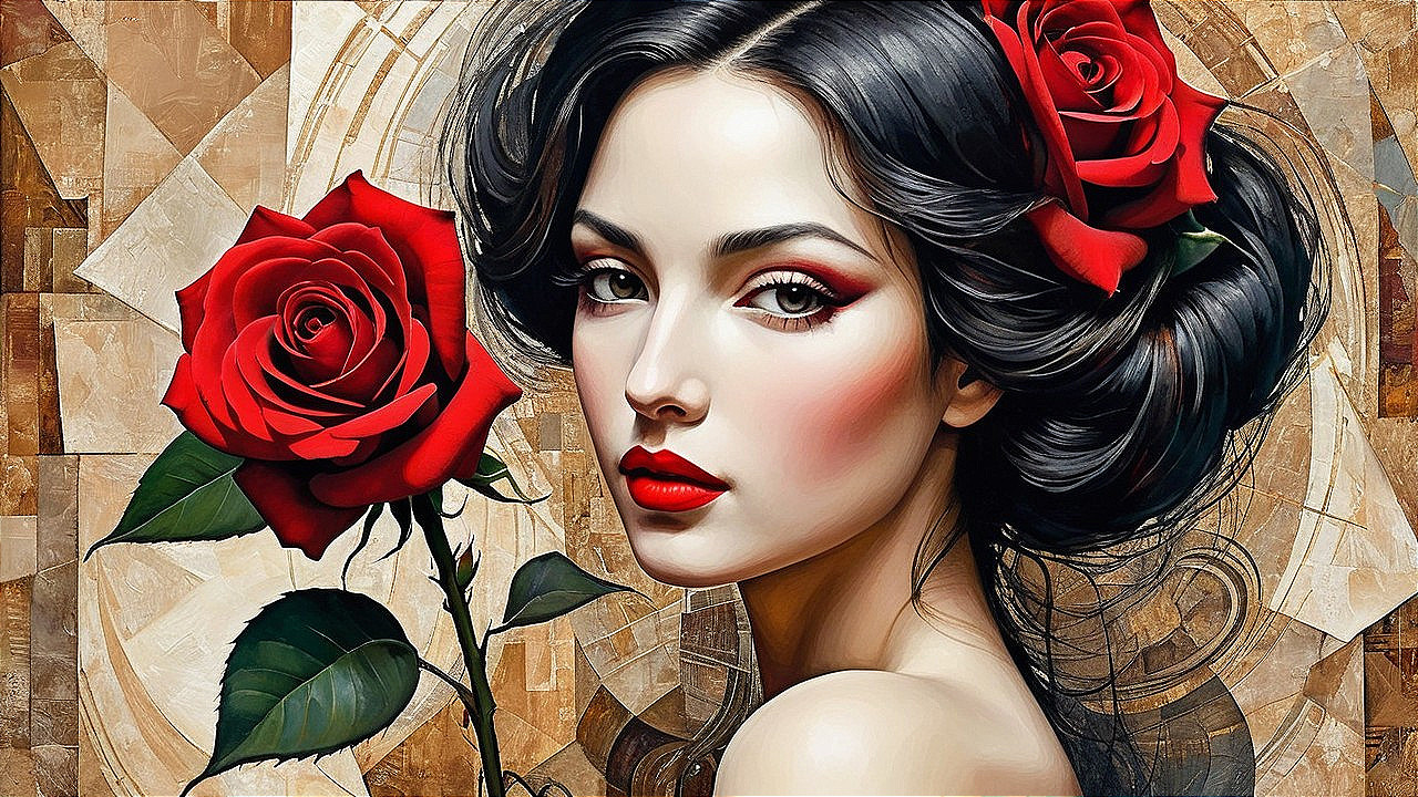 Portrait of a Woman with Black Hair and Red Roses