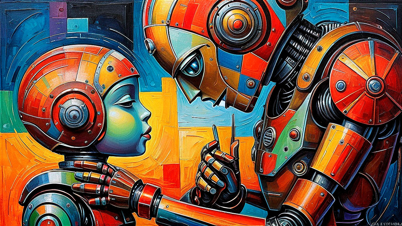 Colorful Stylized Robots in Tender Moment with Abstract Background