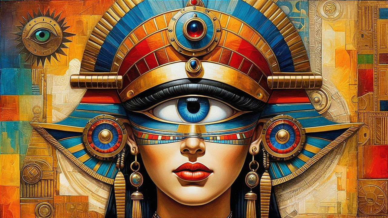 Colorful Regal Figure with Egyptian Motifs and Patterns