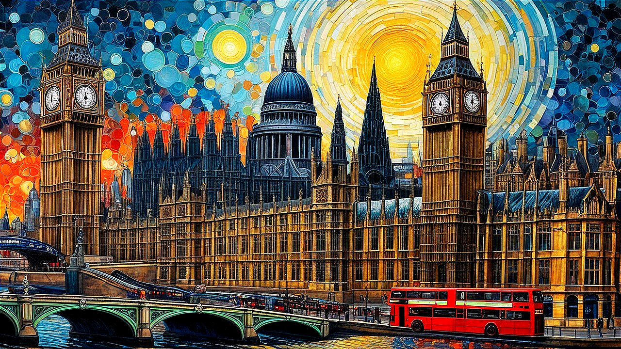 Colorful depiction of London's skyline with Big Ben