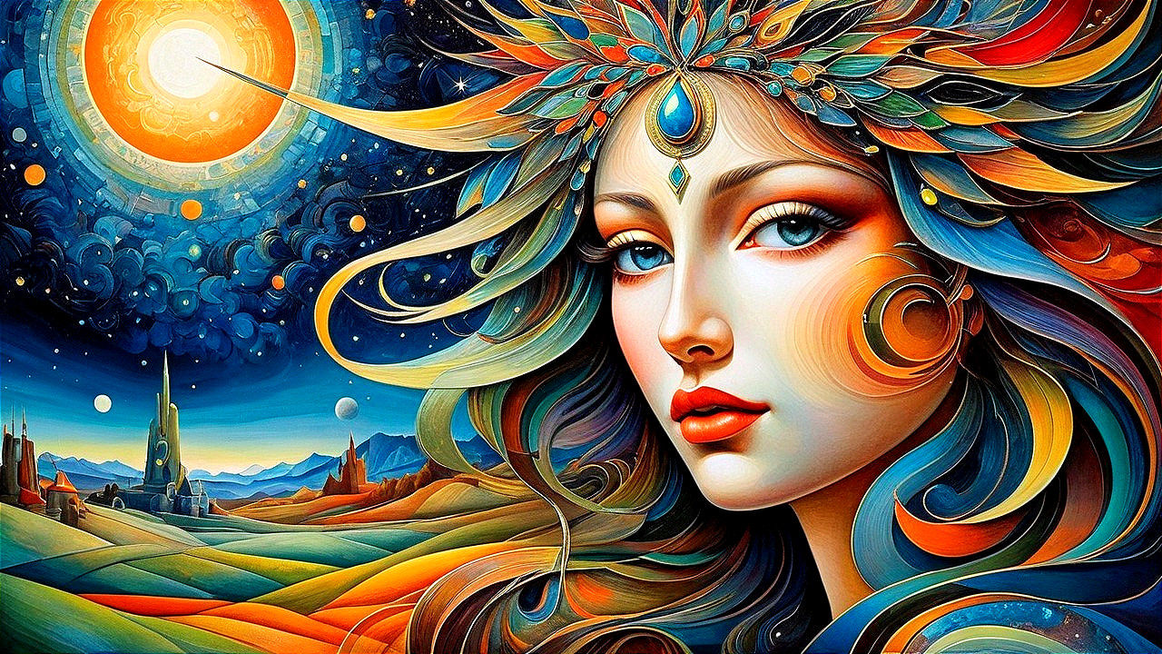 Ethereal Woman in Cosmic Landscape with Feathers