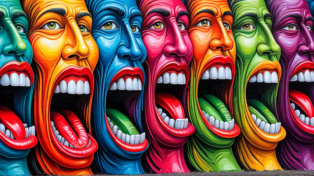 Vibrant Mural of Exaggerated Colorful Faces