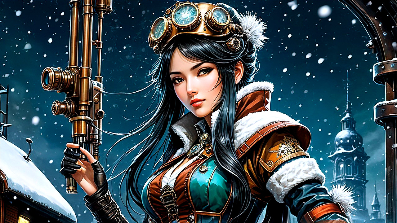 Steampunk figure in snowy landscape with rifle