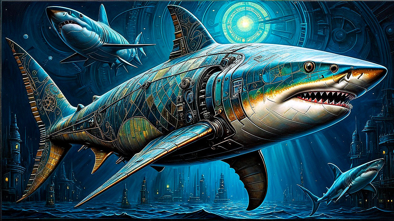 Futuristic Underwater Scene with Cybernetic Sharks