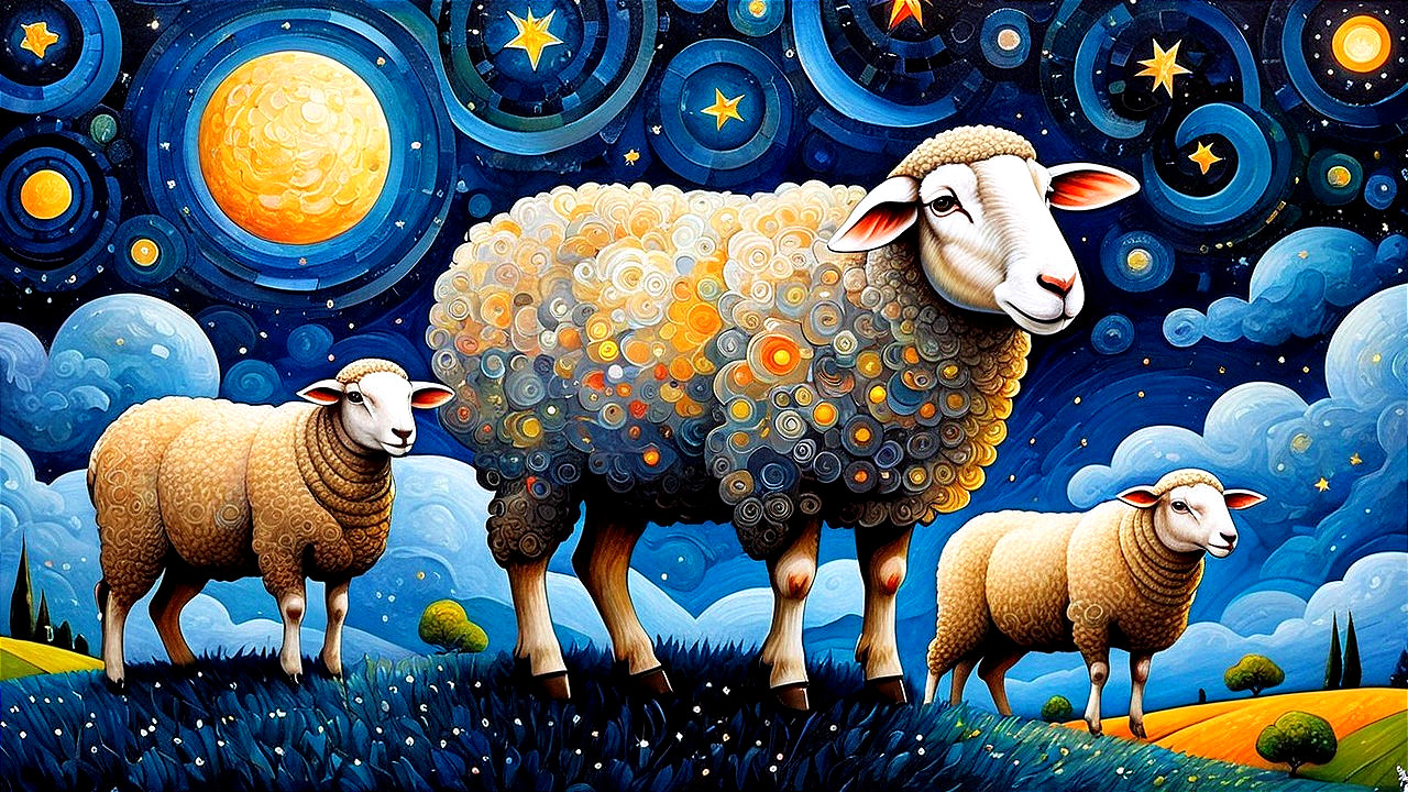Whimsical Sheep in a Colorful Starry Landscape