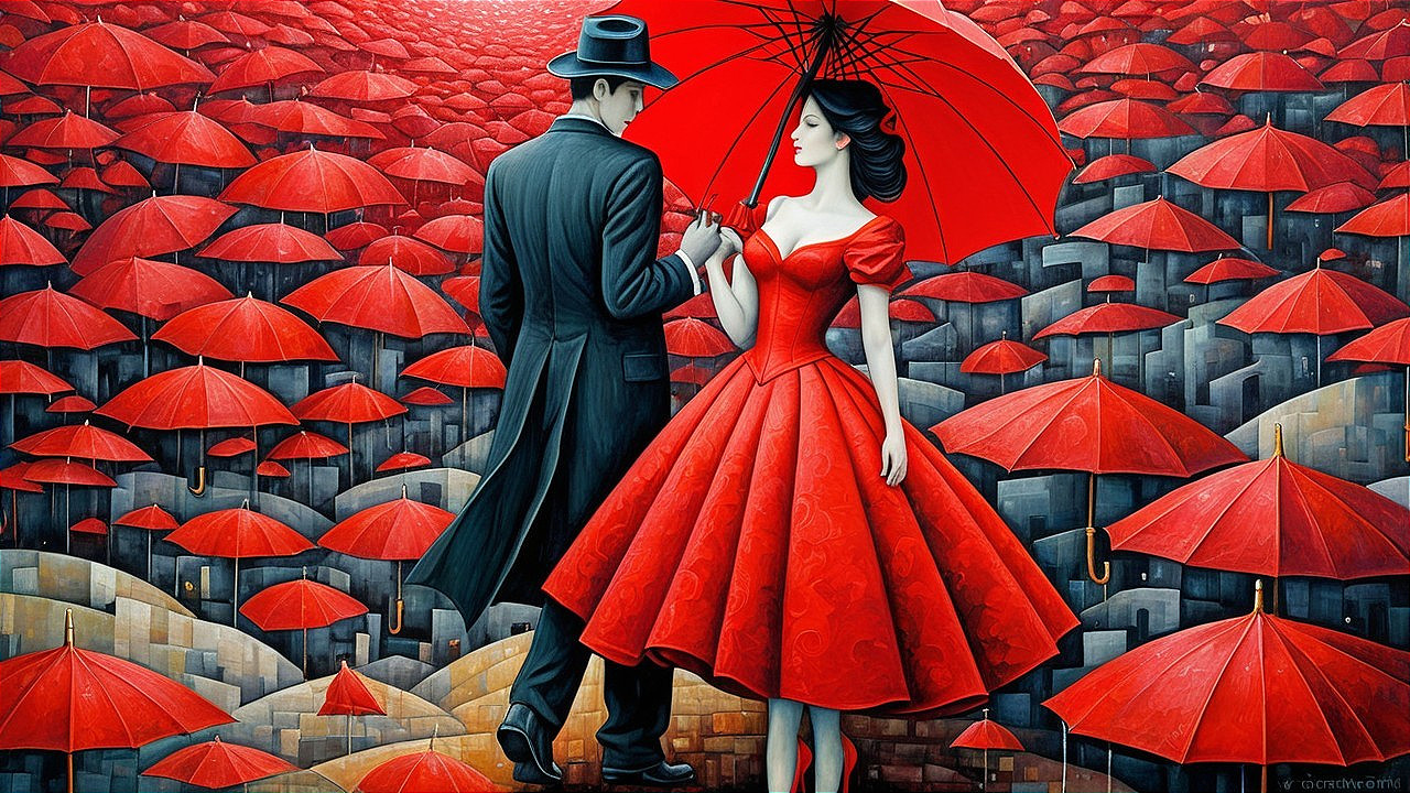 Couple Under Red Umbrellas in Geometric Cityscape