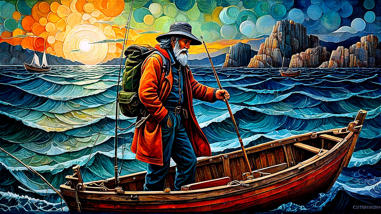 Fisherman in Colorful Boat Amid Turbulent Waves