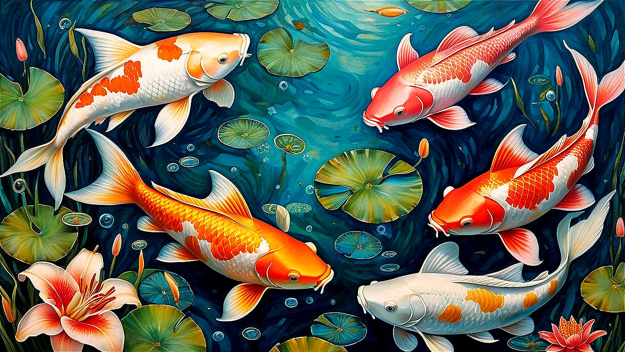 Vibrant Underwater Scene with Koi Fish and Lily Pads