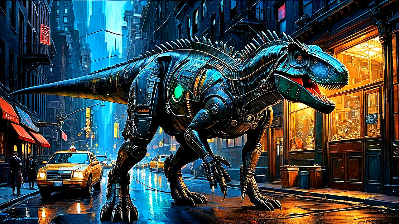 Futuristic Robotic Dinosaur in Urban Cityscape