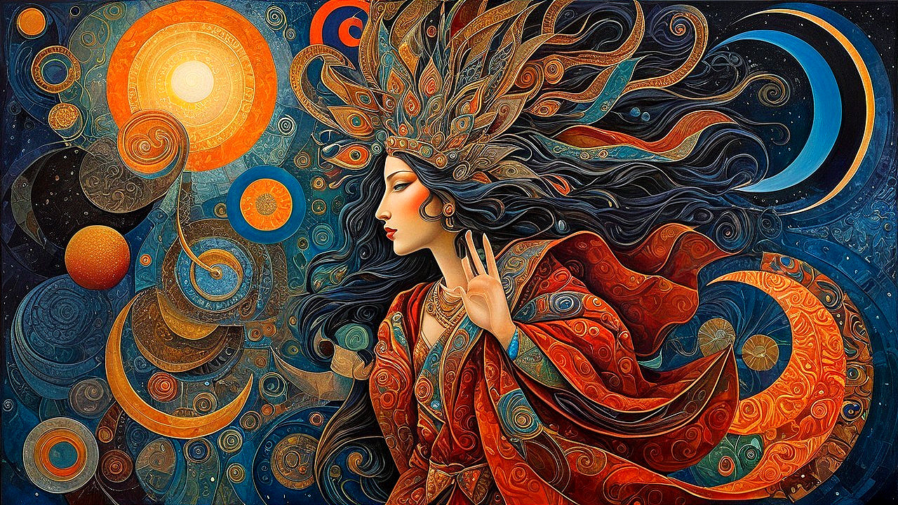 Artwork of a Woman in Cosmic Setting with Vibrant Colors