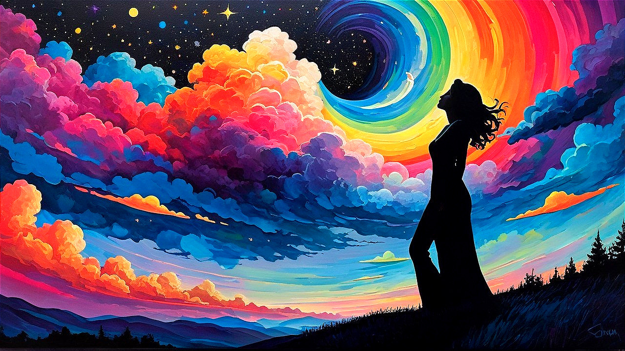 Dreamy Landscape with Silhouetted Figure and Stars