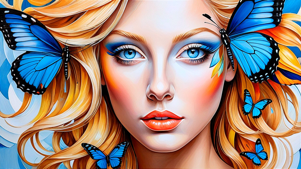 Portrait of a woman with blonde hair and blue butterflies
