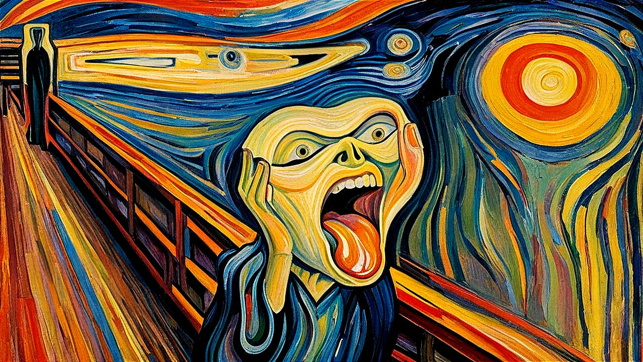 Figure on Bridge Expressing Anguish with Vibrant Colors