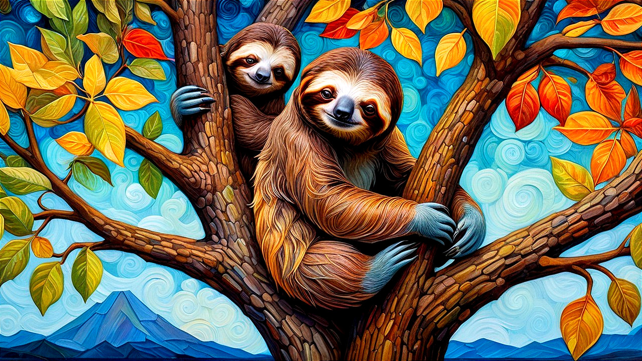 Sloths Nestled in Autumn Leaves with Mountain Background