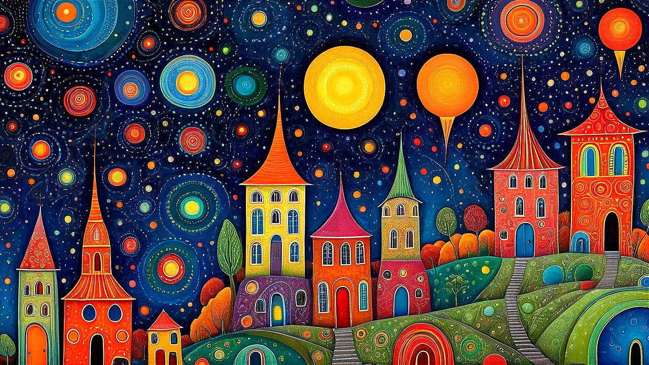 Vibrant Whimsical Landscape with Colorful Buildings