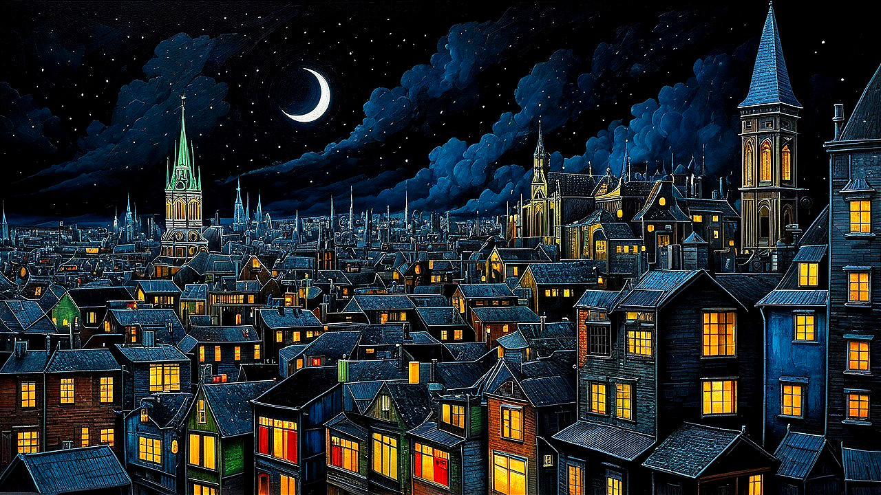 Serene Night Cityscape with Crescent Moon and Stars