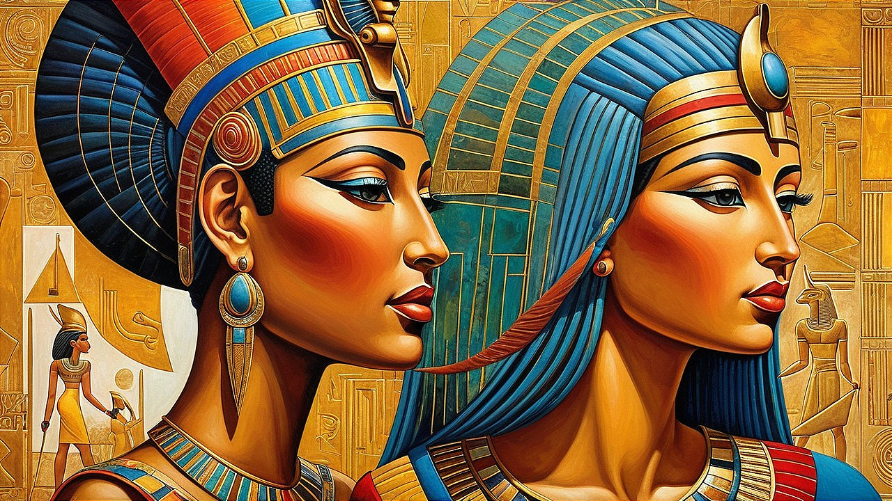 Elegant Egyptian Queens with Vibrant Colors and Details