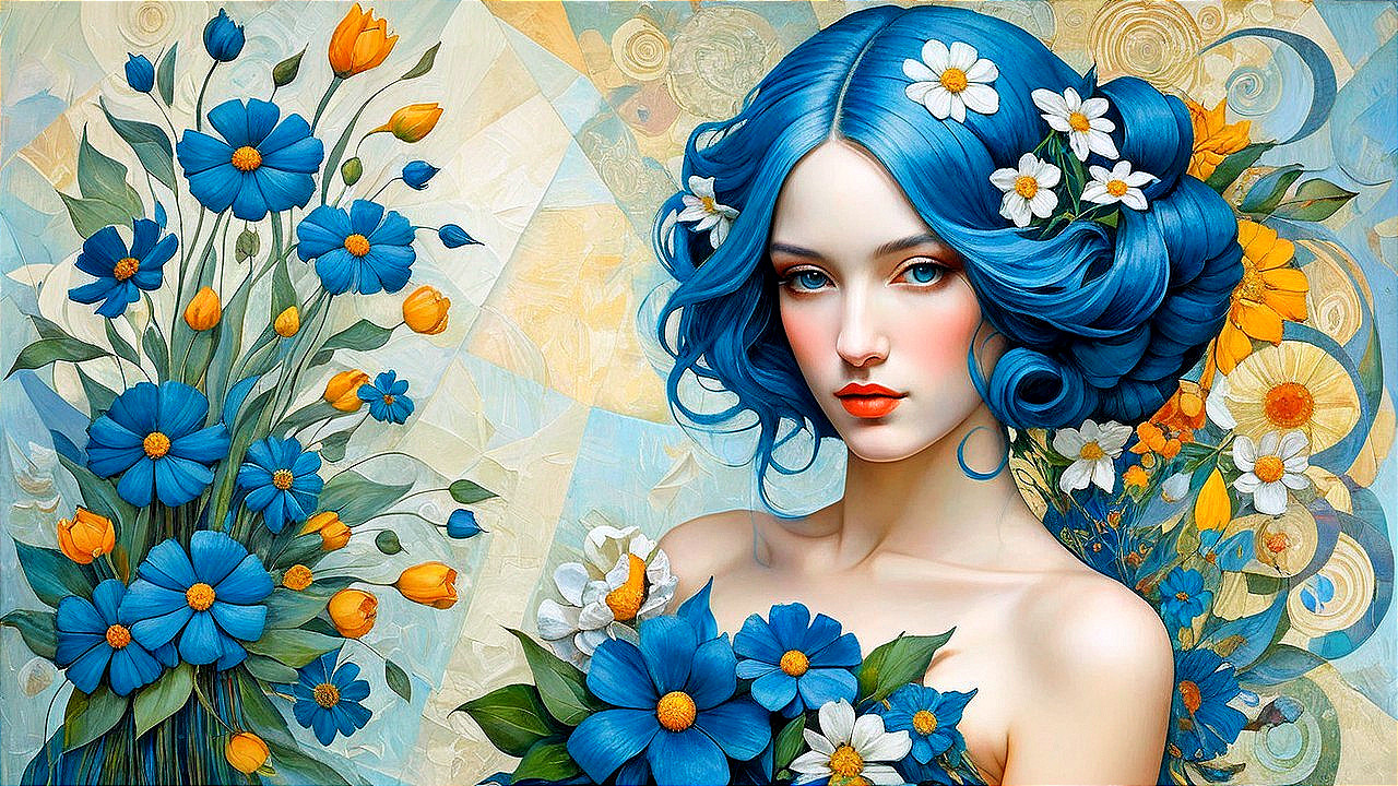 Portrait of a woman with blue hair and floral backdrop