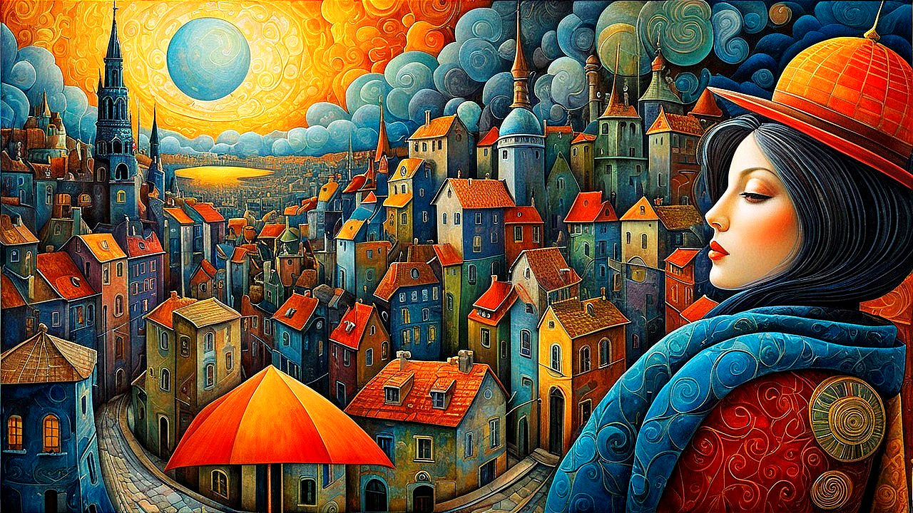 Colorful Dreamlike Scene of Woman in Whimsical City