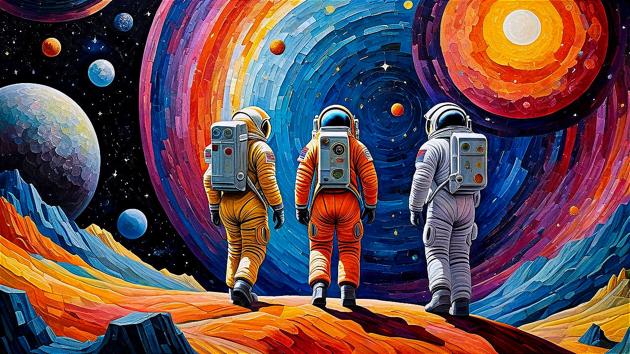 Astronauts on Alien Planet with Colorful Nebula and Terrain