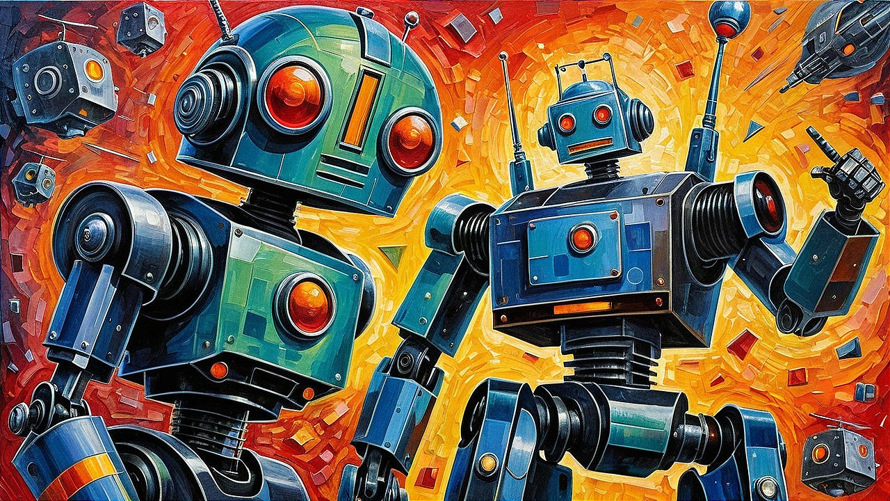 Retro Robots Against Vibrant Abstract Background