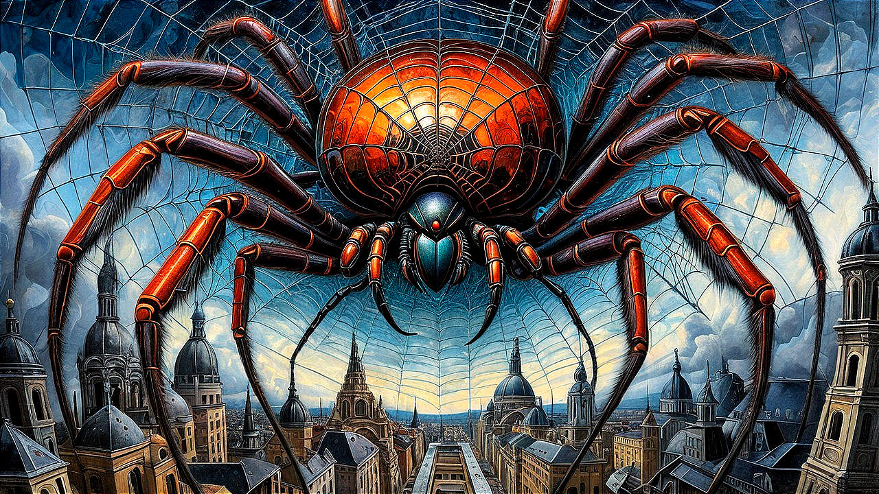 Vibrant painting of a giant spider on a city spiderweb