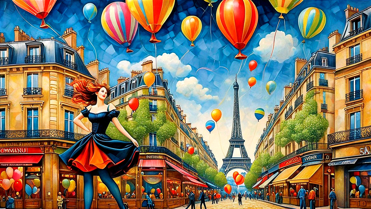 Vibrant Paris Street Scene with Hot Air Balloons