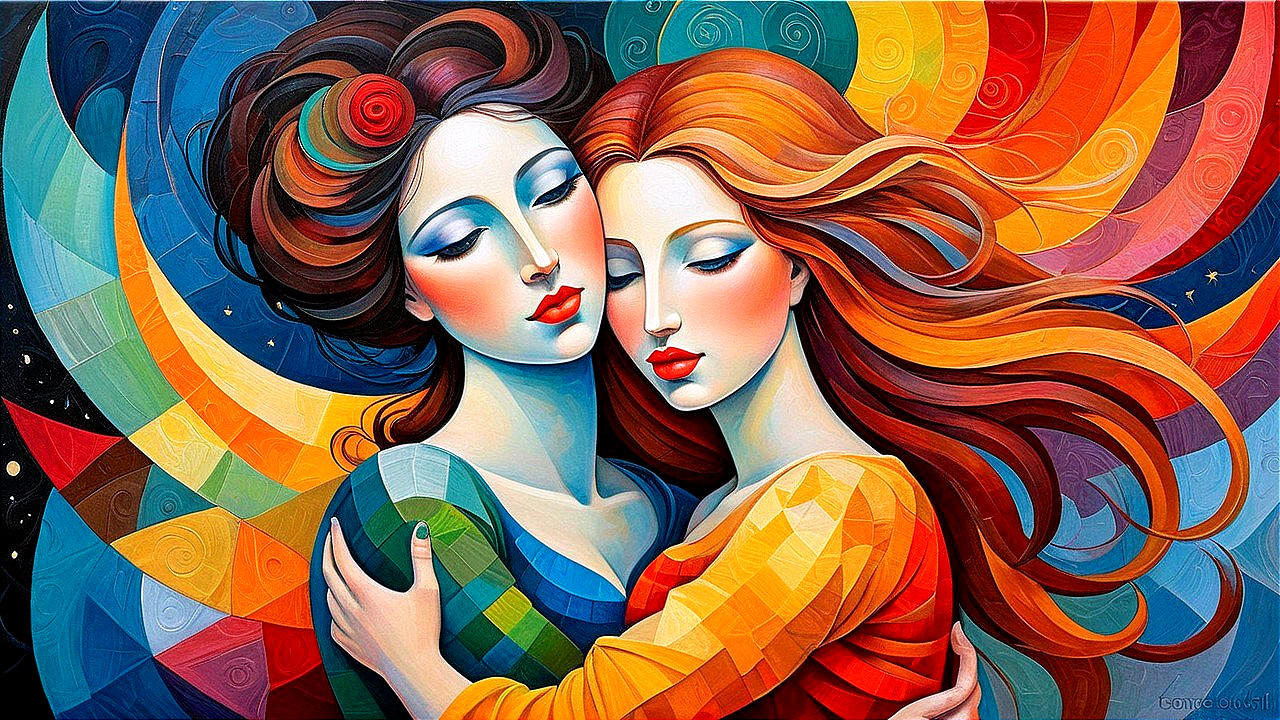 Vibrant Artwork of Two Women Embracing with Colorful Background