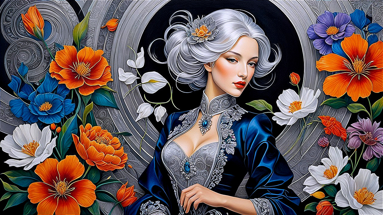 Portrait of a Woman in Blue Gown with Silver Hair