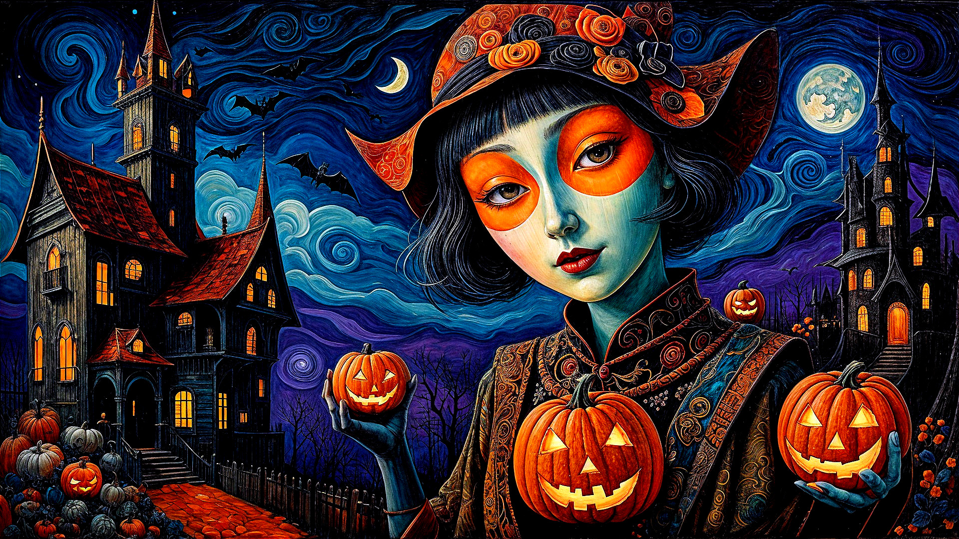 Whimsical Halloween Scene with Orange Makeup and Pumpkins