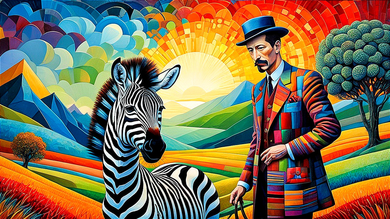 Colorful Scene with Man, Zebra, and Surreal Landscape