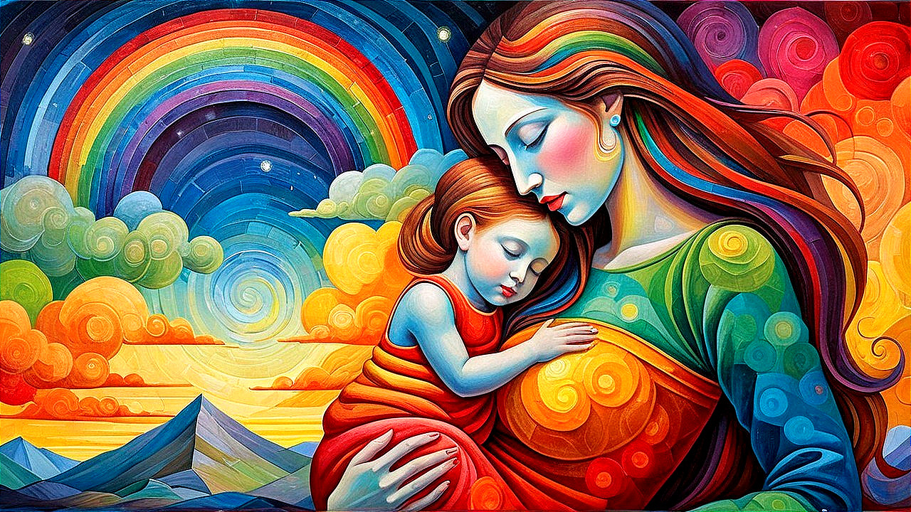 Vibrant Painting of Mother and Child in Dreamlike Scene