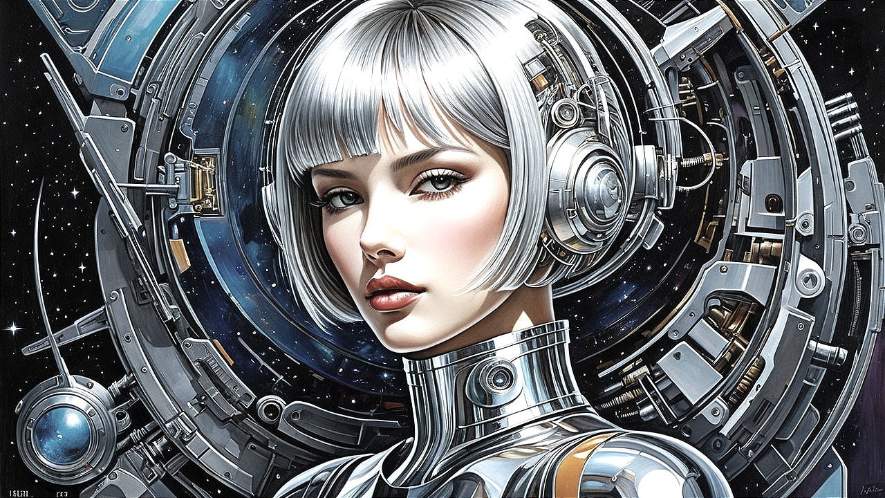 Futuristic Female Figure in Metallic Attire and Machinery