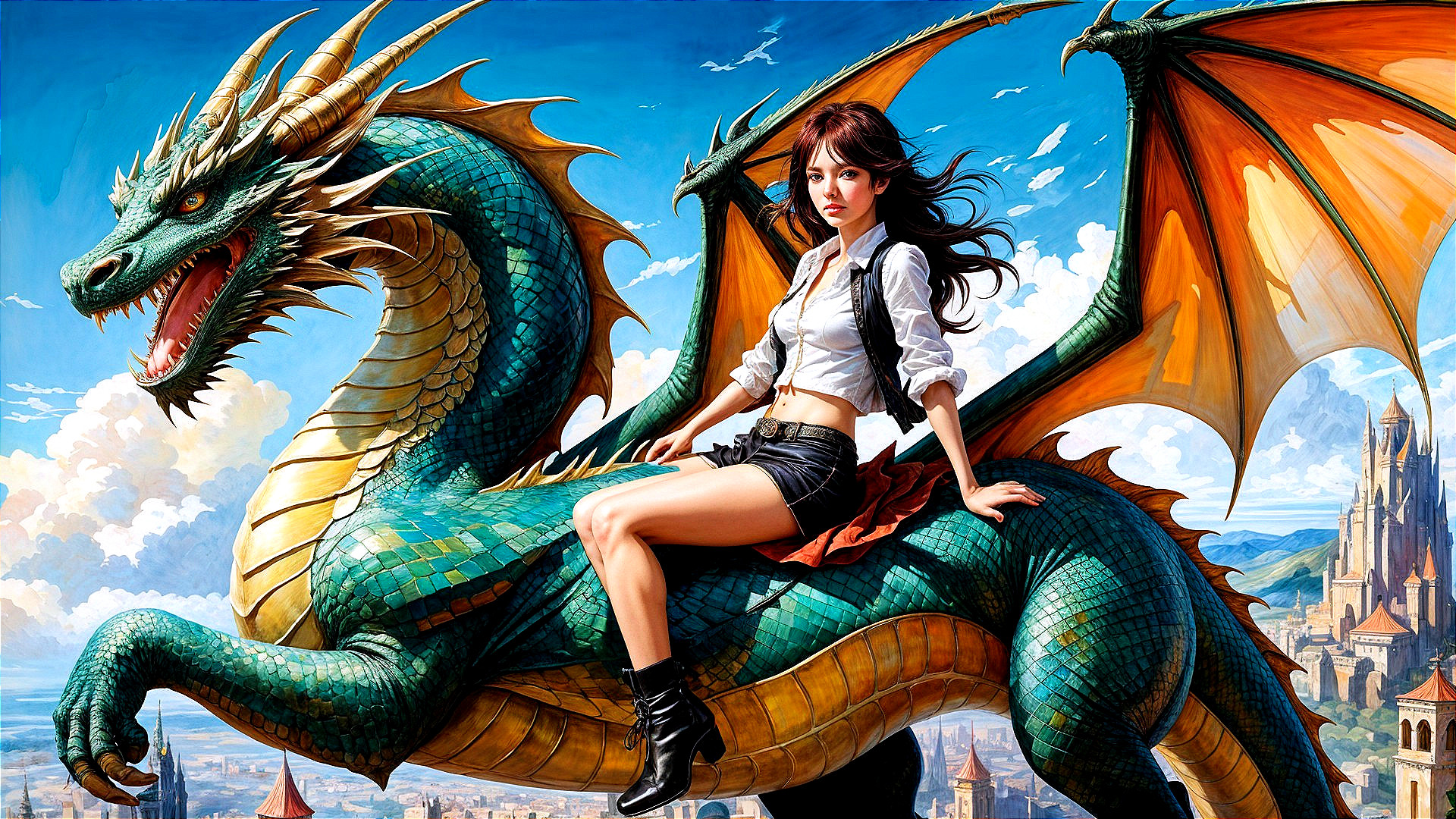 Fierce Woman Rides Majestic Green Dragon in Fantasy Landscape
