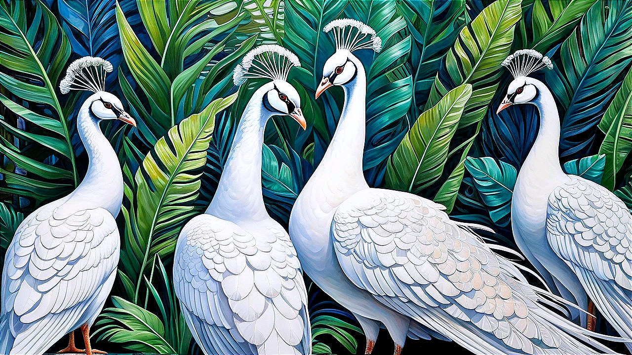 Elegant White Peacocks Amid Tropical Foliage