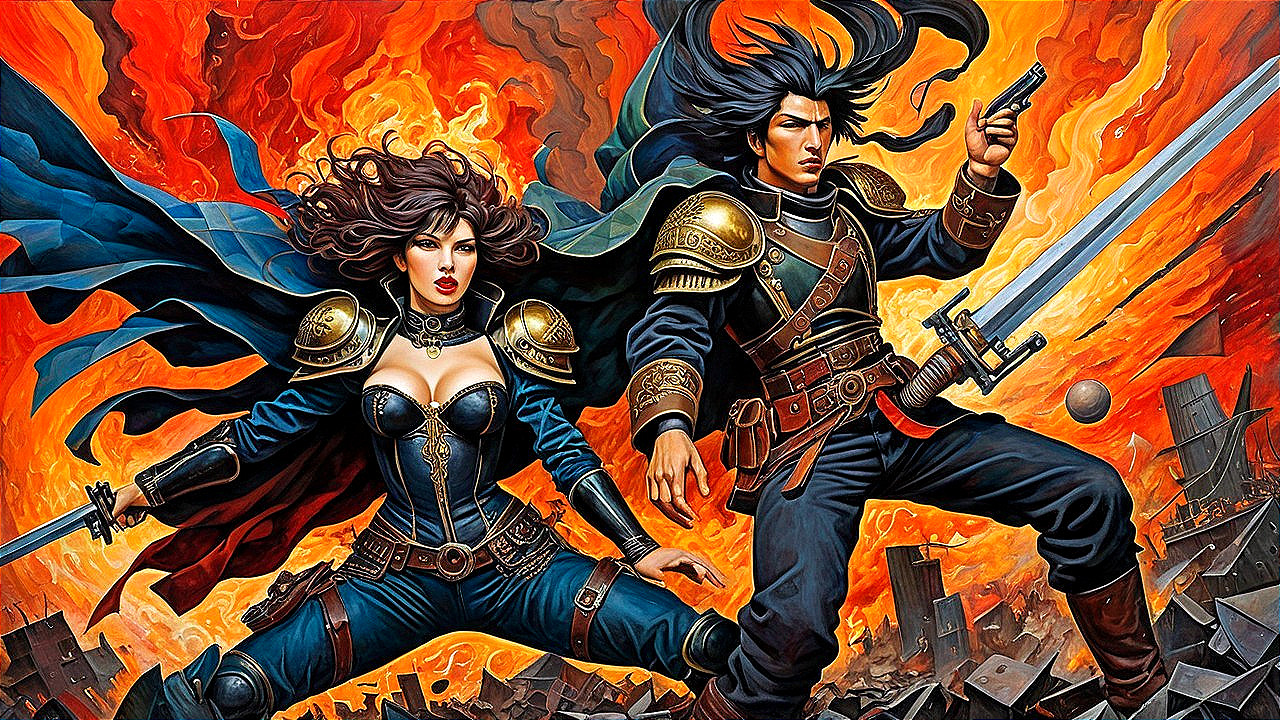 Dynamic Duo in Battle Against Fiery Backdrop