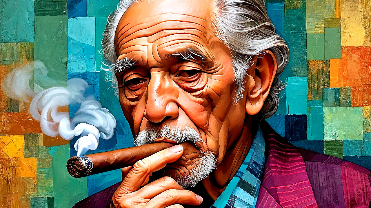 Elderly Man in Suit with Cigar Against Colorful Background