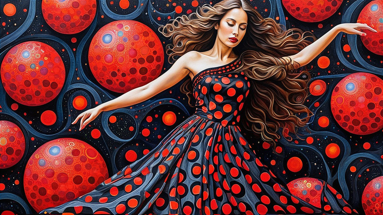 Woman in Polka Dot Dress Against Cosmic Background