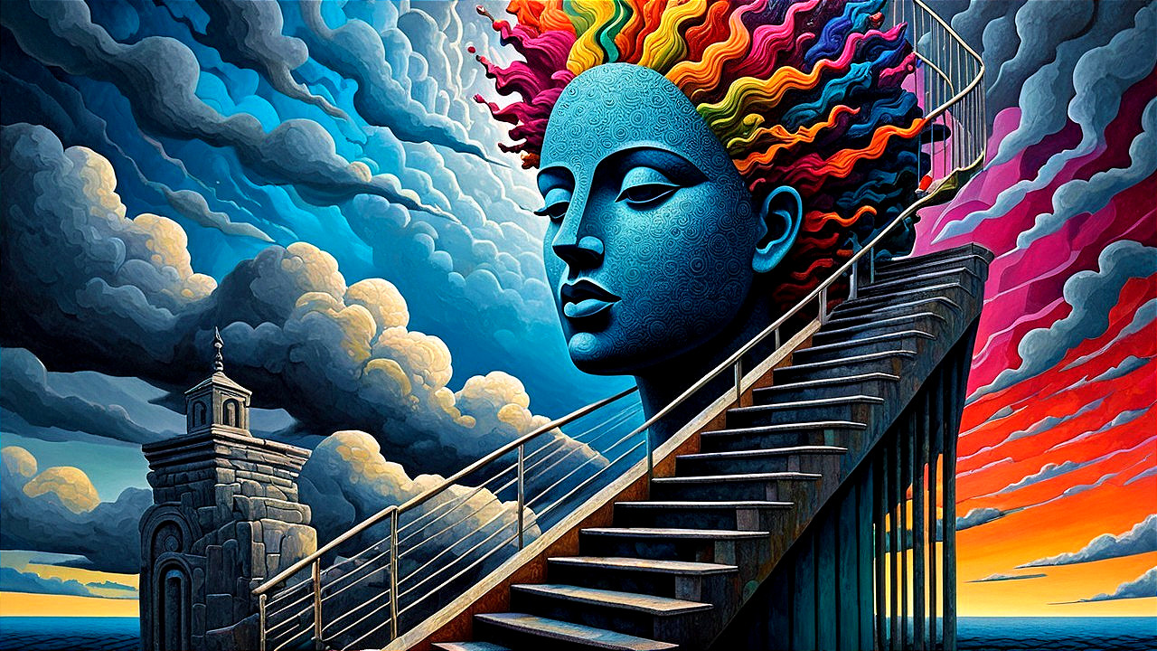 Surreal Landscape with Blue Figure and Colorful Sky