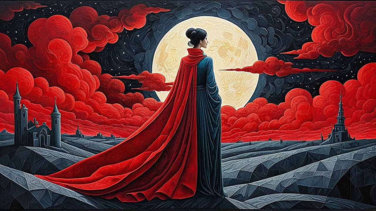 Mysterious Figure in Red Cape Against Dramatic Moon