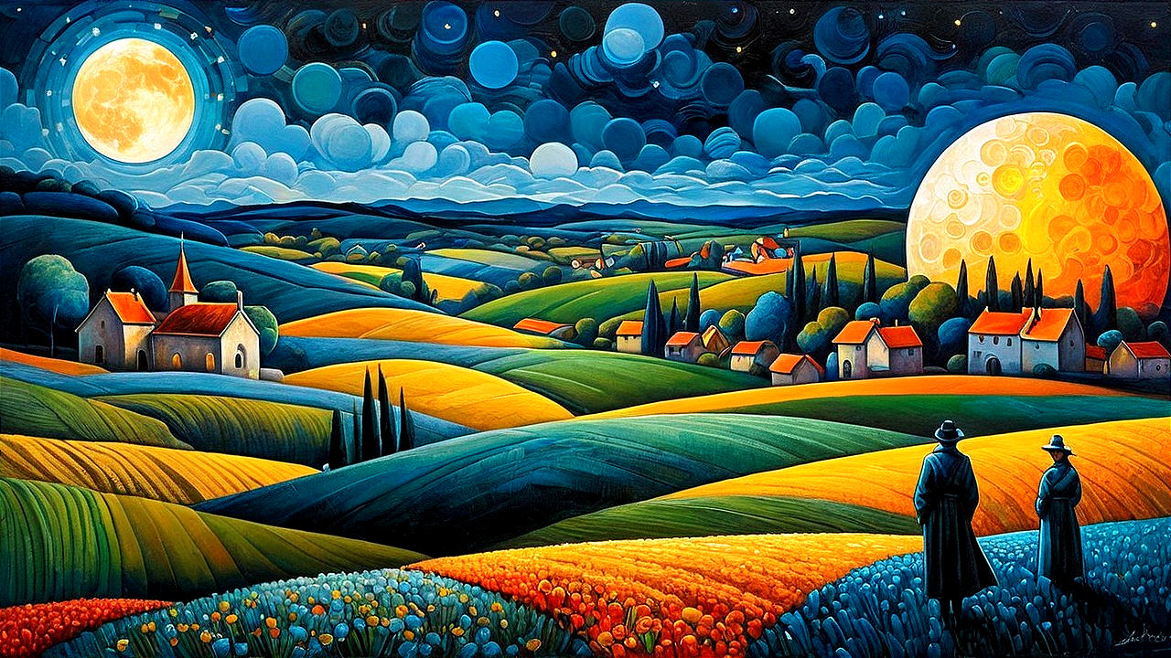 Vibrant Landscape Under Starry Night Sky with Figures