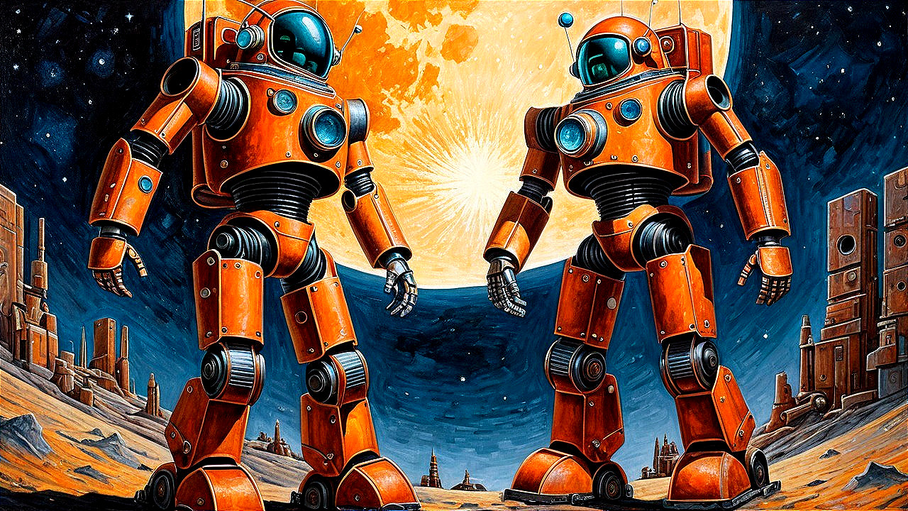 Retro-Futuristic Robots on Alien Landscape Under Moon