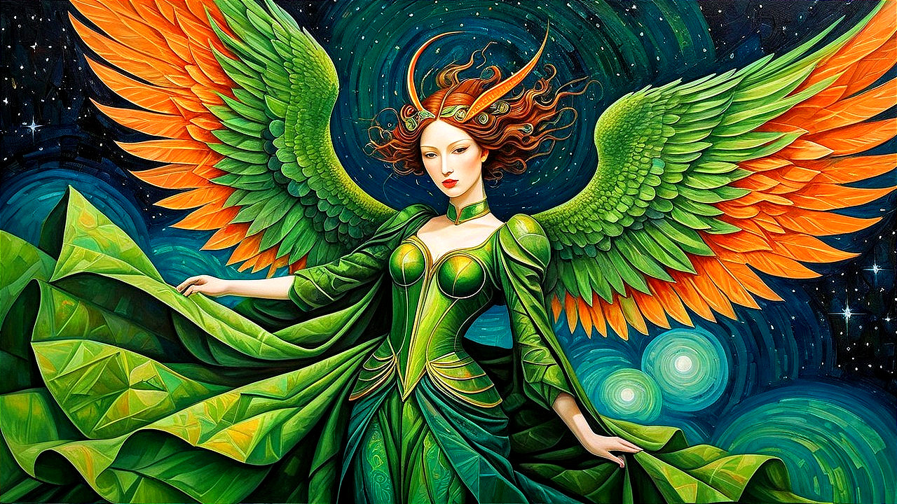 Vibrant Figure with Cosmic Wings Against Starry Sky
