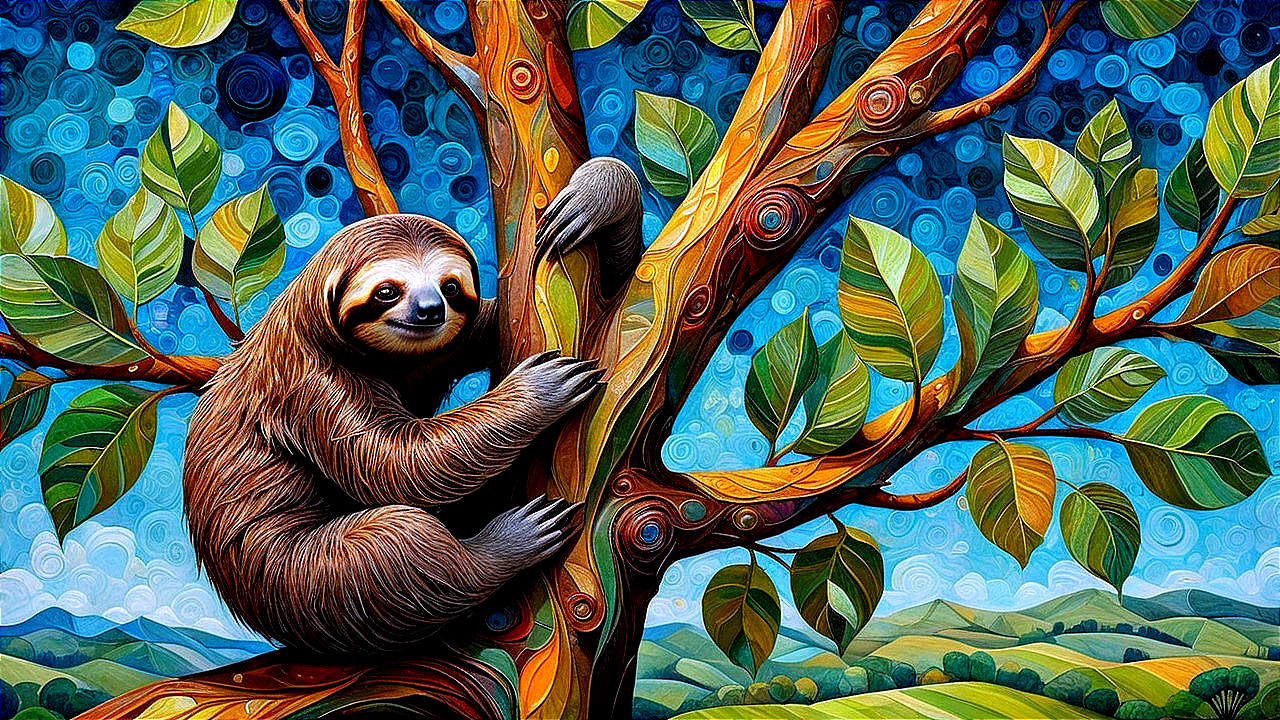 Psychedelic Digital Painting of a Brown Sloth and Tree