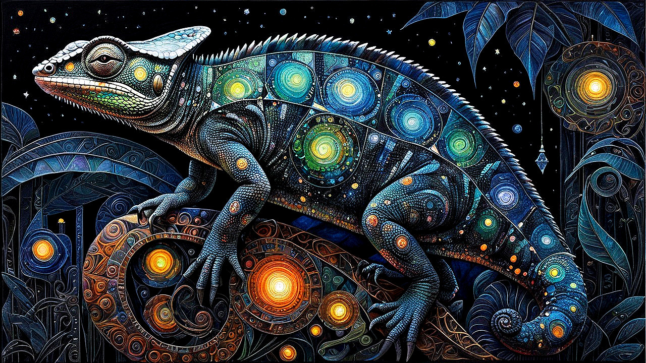 Vibrant Lizard on Decorative Base with Cosmic Background