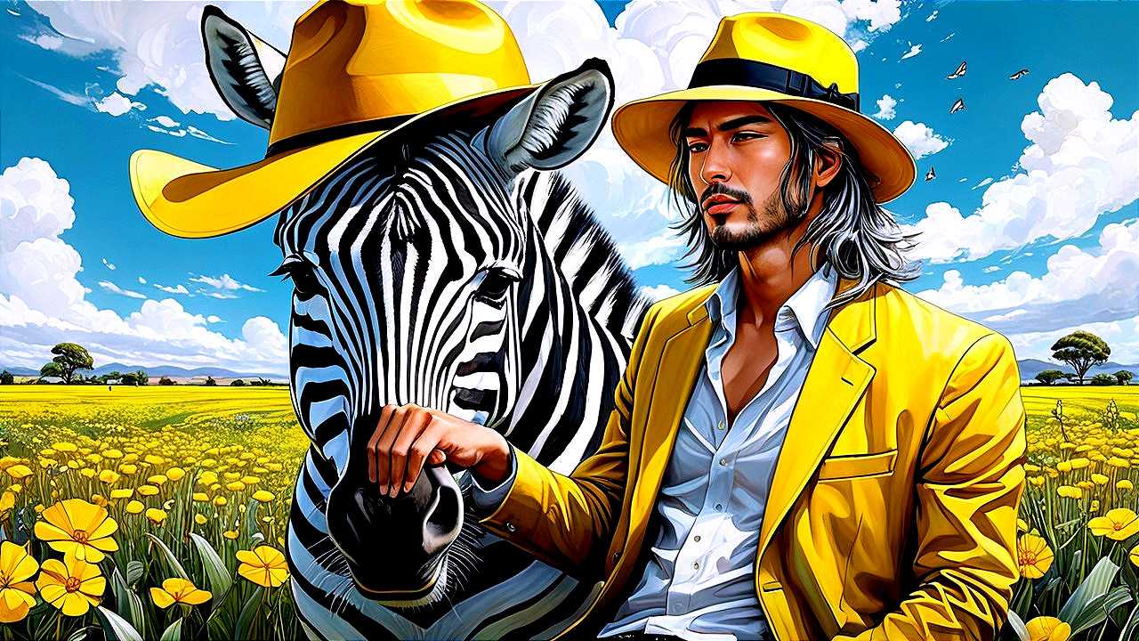 Stylish Figure in Yellow Suit with Zebra in Landscape